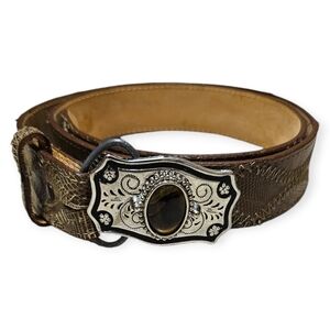 Vintage Justin Boots Lizard Western Belt with Etched Buckle with Stone